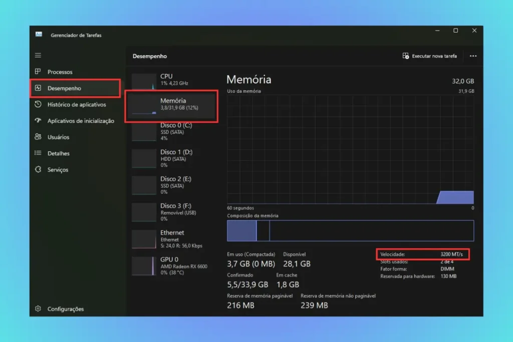 Verificando se o XMP está ativado pelo Gerenciador de Tarefas