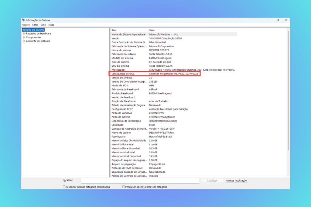Fabricante e versão BIOS pelo MSinfo32