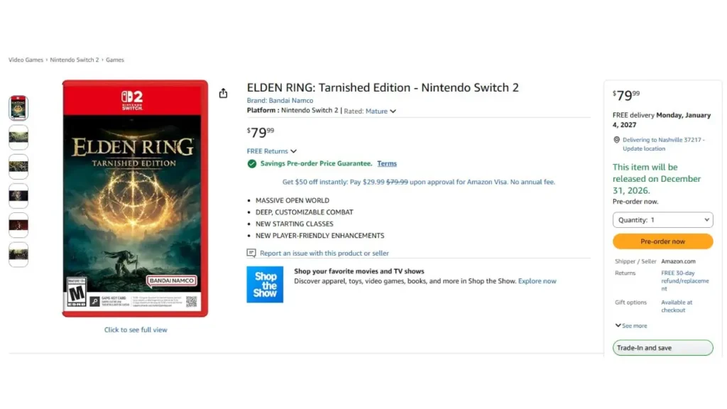 Elden Ring: Tarnished Edition Switch 2 preço Amazon