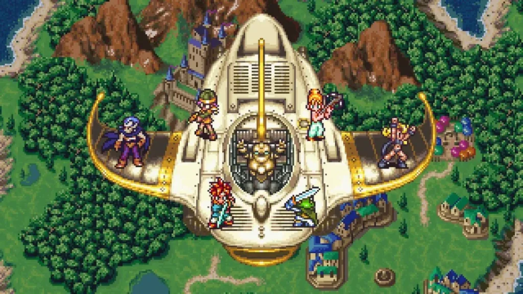 Chrono Trigger com visual clássico de JRPG e personagens em aventura épica por diferentes eras do tempo