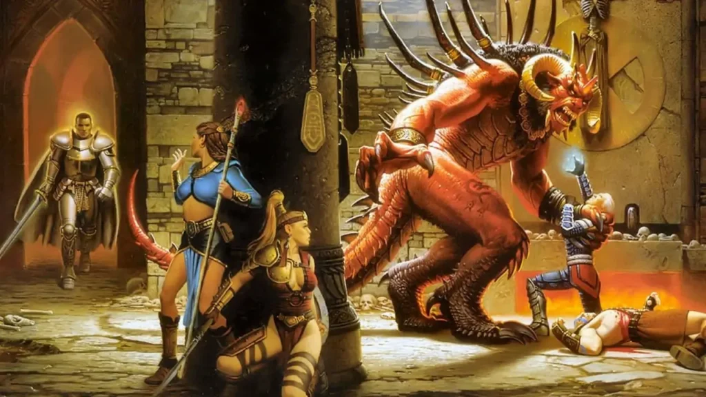 Diablo II com guerreiro enfrentando forças demoníacas em um clássico action RPG de atmosfera sombria