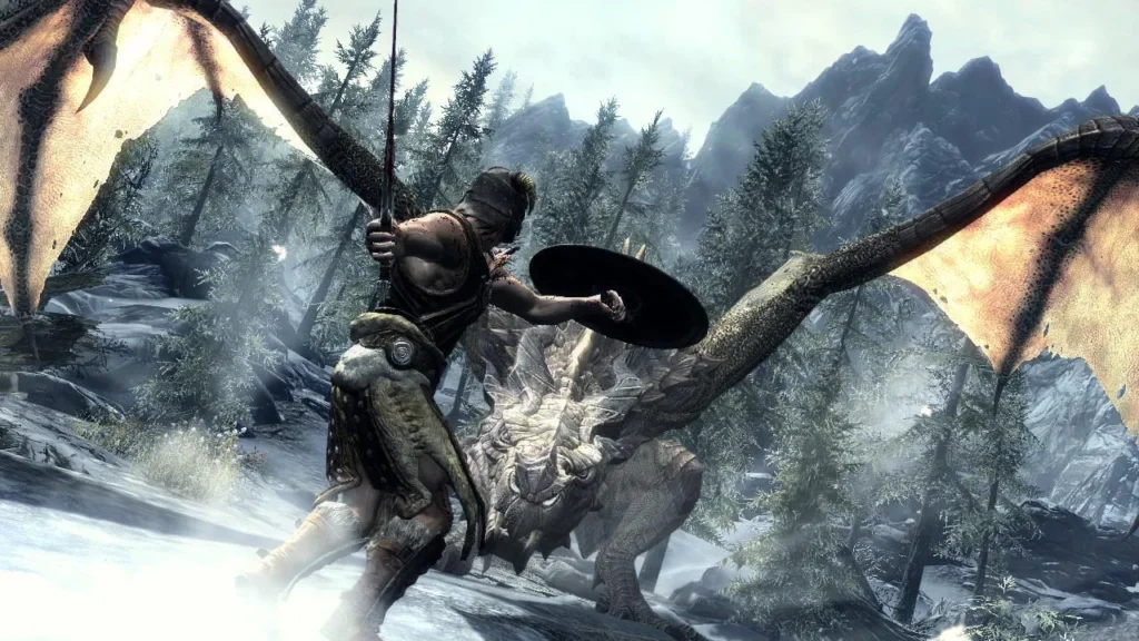 Skyrim com Dragonborn em paisagem gelada e montanhosa em um dos RPGs de mundo aberto mais populares de todos os tempos