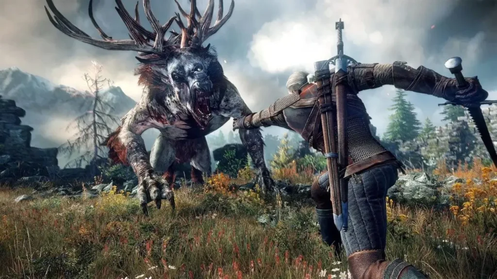 The Witcher 3 Wild Hunt com Geralt de Rívia em cenário de fantasia sombria em um dos melhores RPGs de mundo aberto